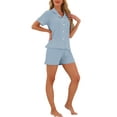 thumbnail image 2 of Womens Pajamas Set 100% Cotton Button Down Notch Collar Sleepwear Short Sleeve 2 Piece Suits with Pockets M Blue, 2 of 6