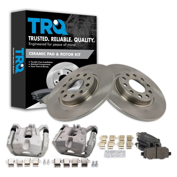 TRQ Rear Brake Pad & Rotor Kit Brake Caliper Brake Pads Brake Rotor Ceramic Solid Fits Select 2015-2017 Chrysler 200 2016-2020 Jeep Cherokee