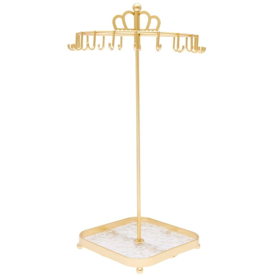 Grusce Rotating Necklace Holder Stand with 18 Hooks 360° Rotation Iron Necklace Organizer Stand with Tray for Keychains Bracelet