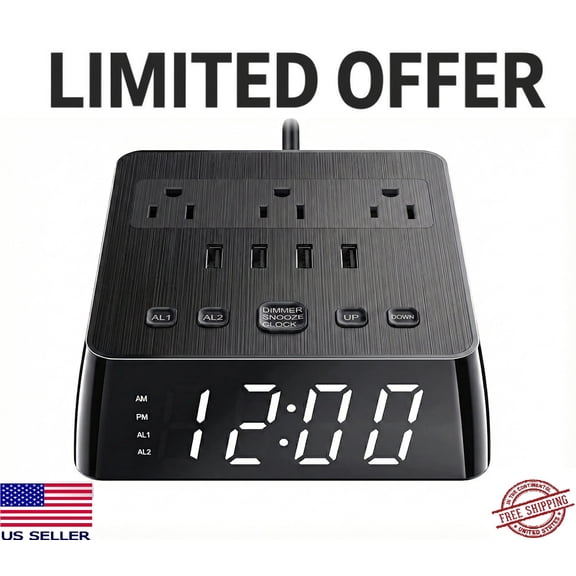 JACKY LED LED Display Alarm Clock, USB Ports, AC Outlets, Dual Alarm, Snooze, Battery Backup, Surge Protector