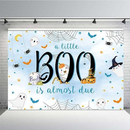 Image of 7x5ft Halloween Baby Backdrop a Little Boo is Almost Due Blue Watercolor for Boy Background with Spider