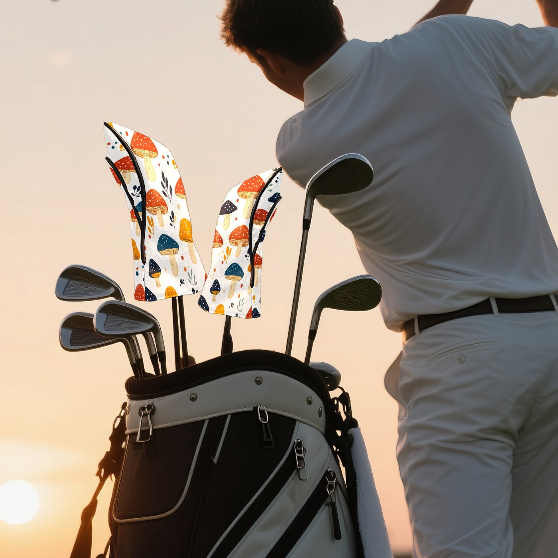 Golf Club Covers PU Leather Waterproof Head Covers for Fairway Woods Hybrids Colorful Mushrooms Unisex Fits Most Brands