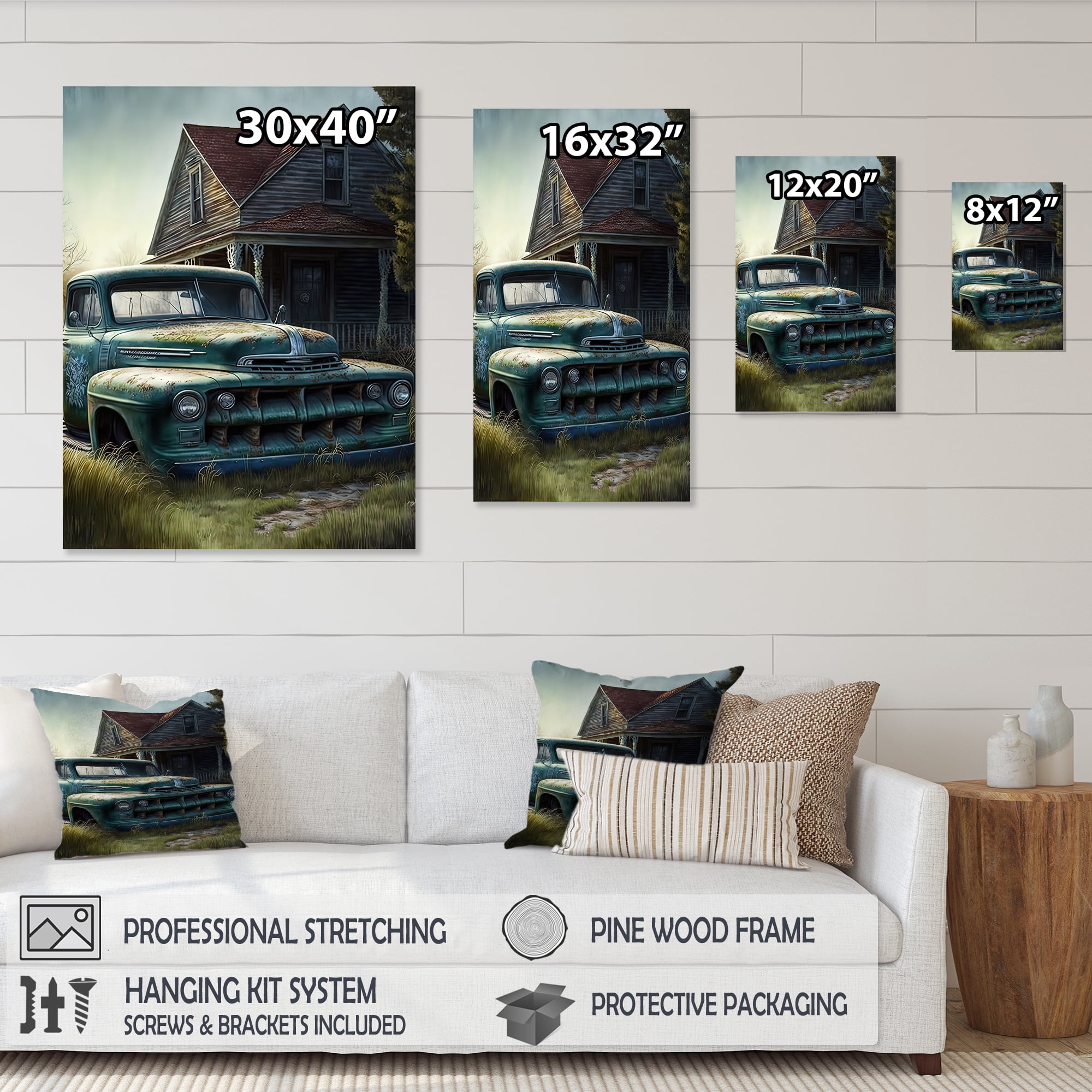 Designart Old American Truck In Barn II Canvas Wall Art