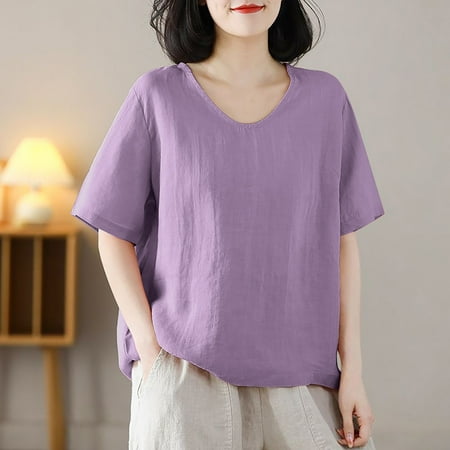 GSPCLAM Cotton Linen Tops for Women Vintage Embroidered Solid Color Plus Size Tops Summer Crew Neck Lightweight Comfy Short Sleve Blouse Purple 3XL