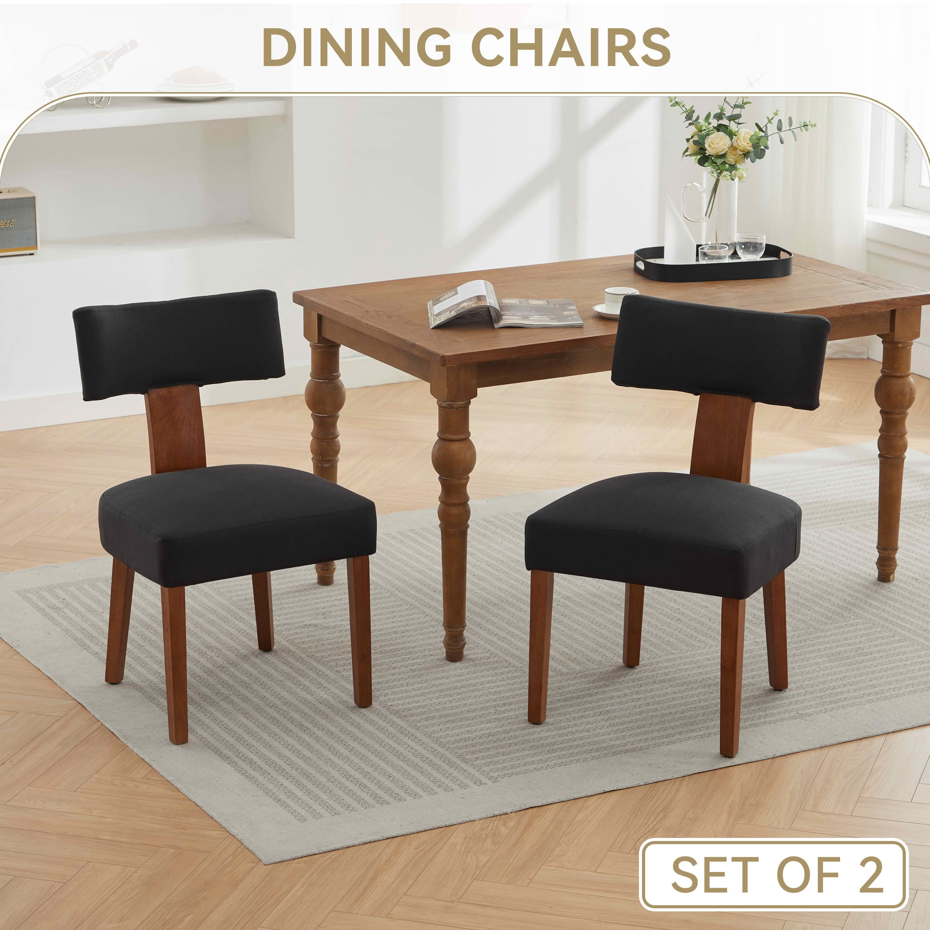 MAYEERTY Set of 2 Linen Fabric Modern Armless Dining Chairs, Curved Backrest & Solid Wooden Legs, for Dining Room & Living Room, Black
