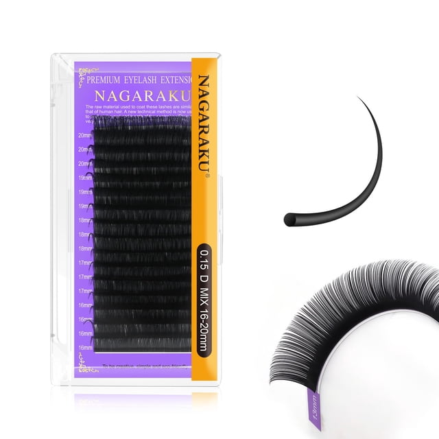 Extensiones de pestañas NAGARAKU, rizo en D de 0,15 mm, 16-20 mm, bandeja mixta