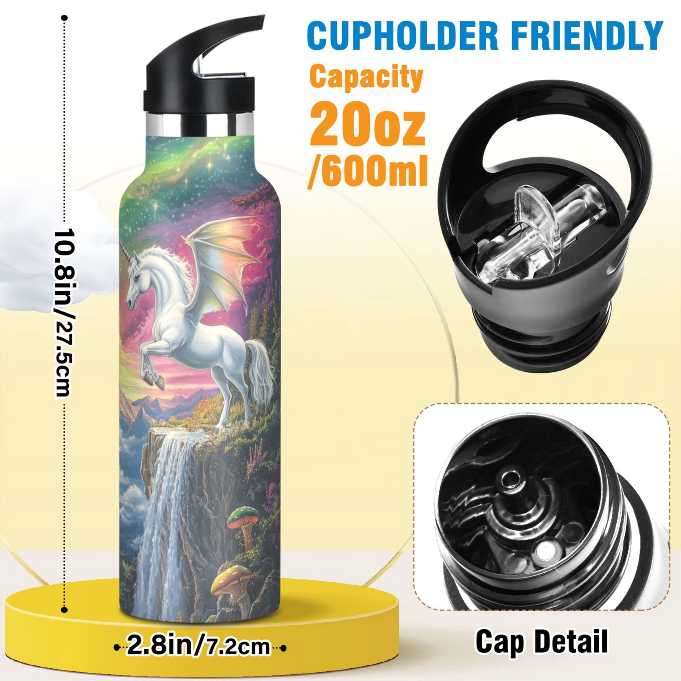 Kids Insulated Stainless Steel Sports Water Bottle 600ml (20oz) Green Dragon and White Unicorn