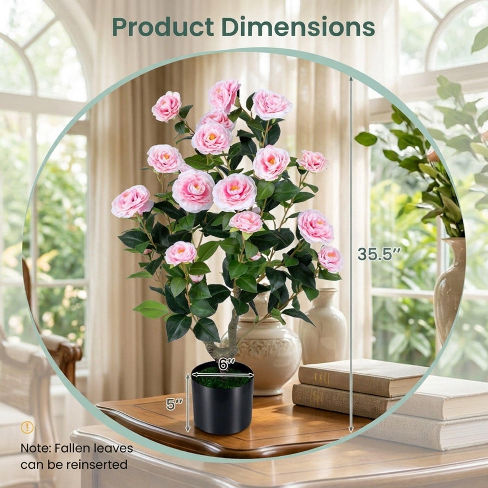 Vebreda Artificial Plant Decor, 2-Pack Artificial Camellia Tree Faux Flower Plant in Cement-Filled Pot, Lifelike & Elegant Design