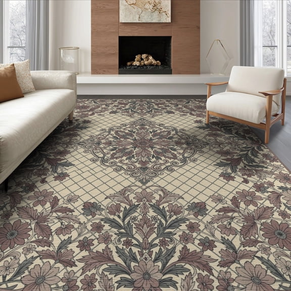 ODIKA 8'x10' Washable Area Rug Rose Floral Medallion With Vintage Scroll Border And Trellis Mauve Flowing for Dining Room, Large Office, Lounge, Non-Slip Chair-Friendly Mat