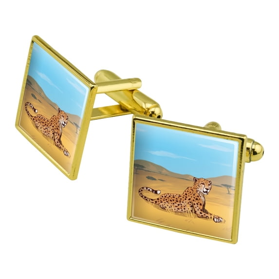 Cheetah Africa Savannah Square Cufflink Set - Silver or Gold