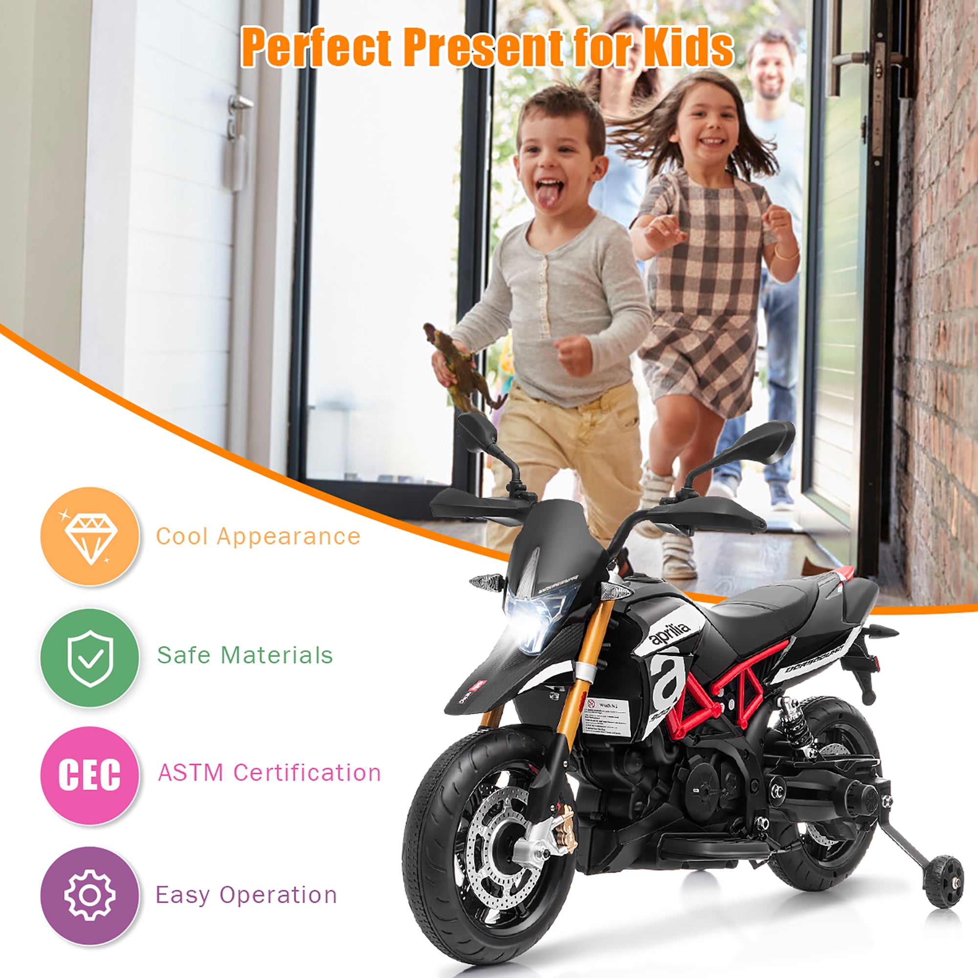 Costway 12V Kids Ride-On Motorcycle Motor Bike w/ Training Wheels Black