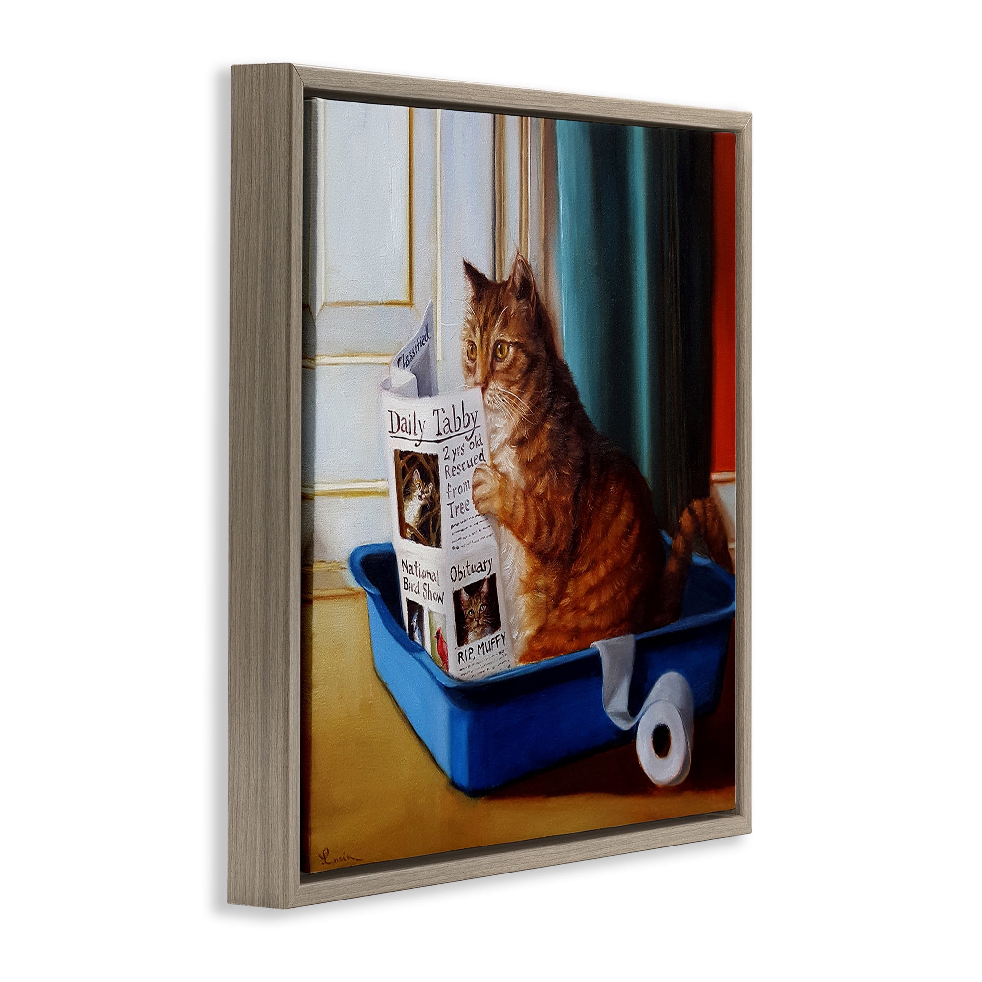 Stupell Industries Litter Box Reading Funny Cat Animals & Insects Painting Brown Floater Framed Canvas Art Print Wall Art, 18 x 18