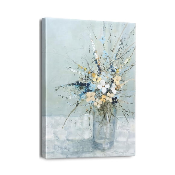 Radiant Blooms Modern Blue Bathroom Decor, 12x16 Framed Canvas Painting of Floral Daisy