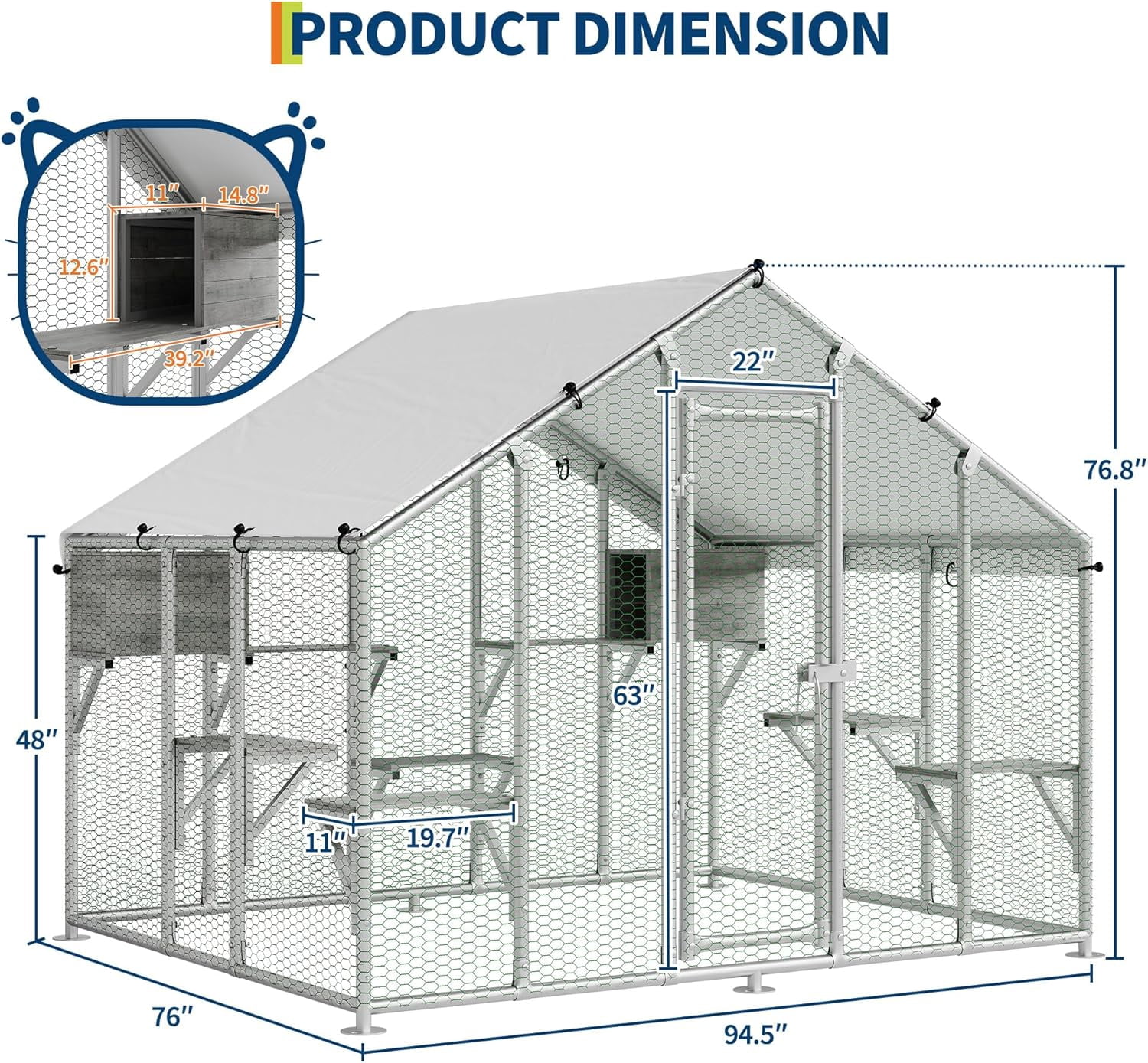 QinaQin Large Catio Outdoor Cat Enclosure for Multiple Cats, Outdoor Large Cat House with Waterproof Cover, 2 Resting Boxes and 7 Platforms, Extra Large Walk-in Cat Patio for Patio, Yard,Gray