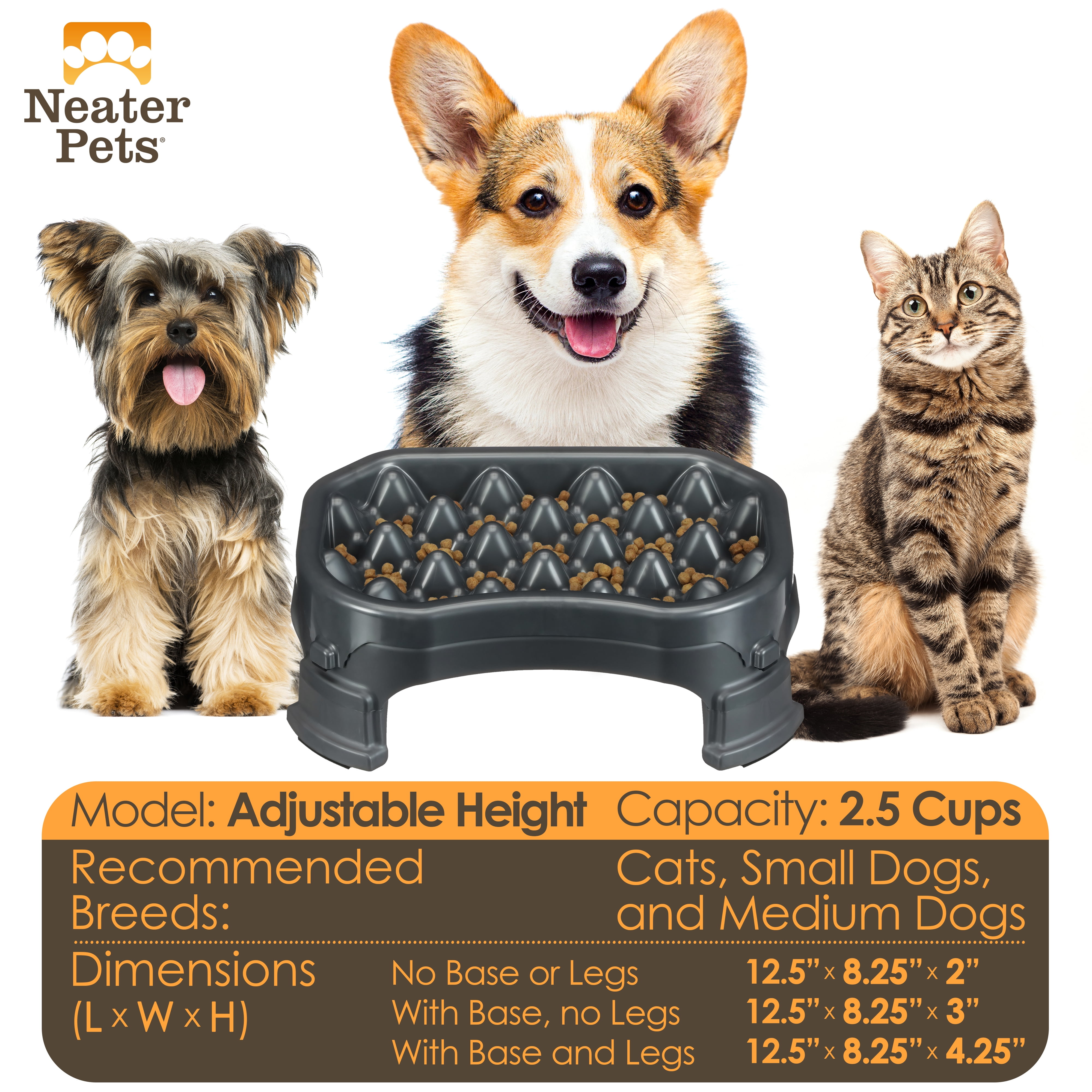 Neater Pet Brands Raised Neater Slow Feeder - Elevated & Adjustable Feeding Height - Improves Digestion, Stops Obesity, and Slows Down Eating, 2.5 Cups, Gunmetal