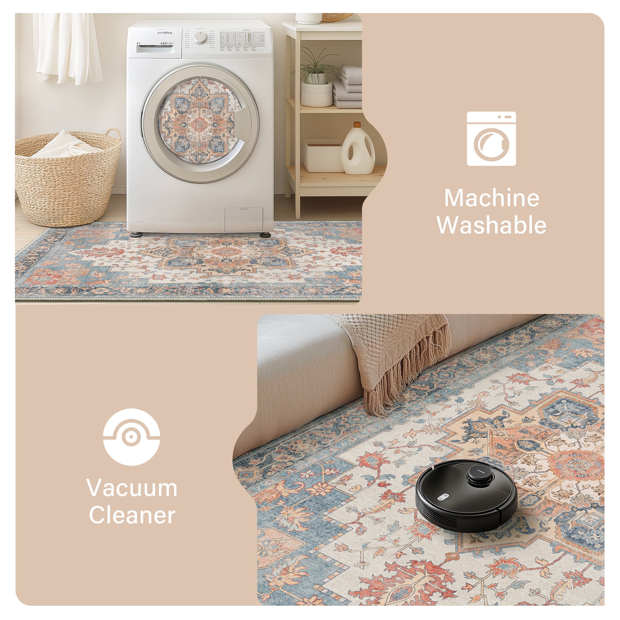 KUETH 5X7 Area Rugs for Living Room, Non Slip Machine Washable Retro Rugs, Ultra-thin Print Rug for Bedroom, Dining Room, Home Office.