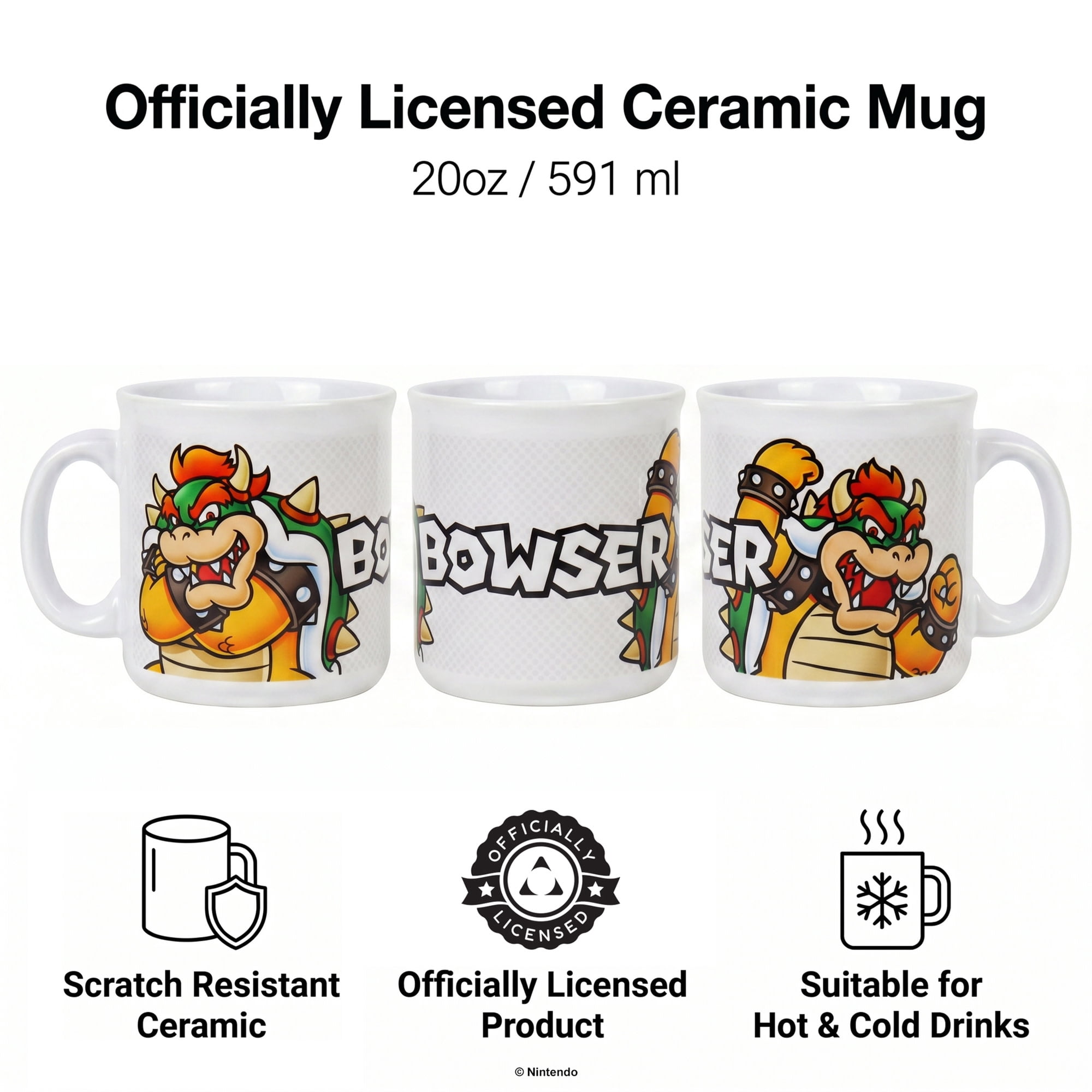 Pyramid America: Super Mario: Bowser Name - 20oz Ceramic Camper Mug - Coffee Tea Cup, Microwave-Dishwasher Safe, Video Game Fan Collectible, Licensed