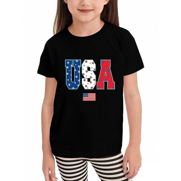 XADYUY Girls 4th Of July T-Shirts 14-16 USA Flag Graphic Patriotic Tee Tops Short Sleeve Crew Neck Tees Comfy Independent Day Tee Shirts 3-4 Years,Black
