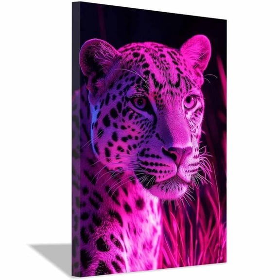 Mudket Framed Neon Pink Leopard Canvas Wall Art, Cool Glowing Leopard Print Room Decor, Trendy Animal Wall Art for Bedroom Office - 12"L x 8"W