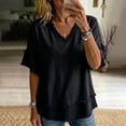 thumbnail image 3 of CQXIDFH Under $20 Women's Summer Linen Blend Top, Short Sleeve Solid Color Loose Fit Casual Blouse Business Dressy Casual 2026 Vacation Fashion Clothing Black T-shirt, M, 3 of 8