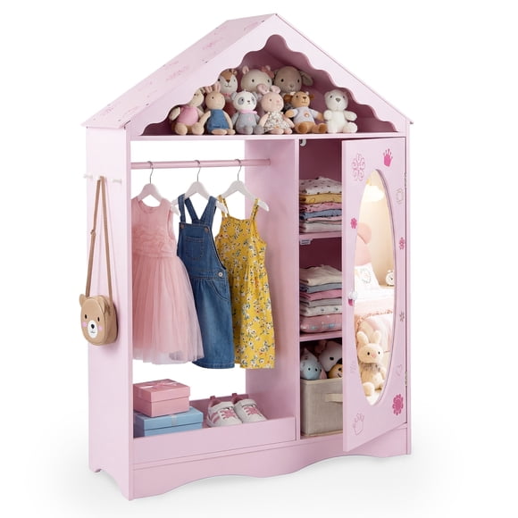 Gymax Kids Dress Up Storage w/ Mirror Roofed Wardrobe Closet w/ Open Hanging Rack Pink