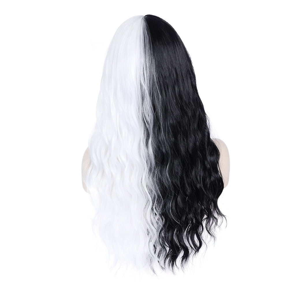 RightOn 27" Black and White Wig Long Curly Wig with Bangs Black and White Wig Two Tone Wig Women Girls Synthetic Wig with Wig Cap