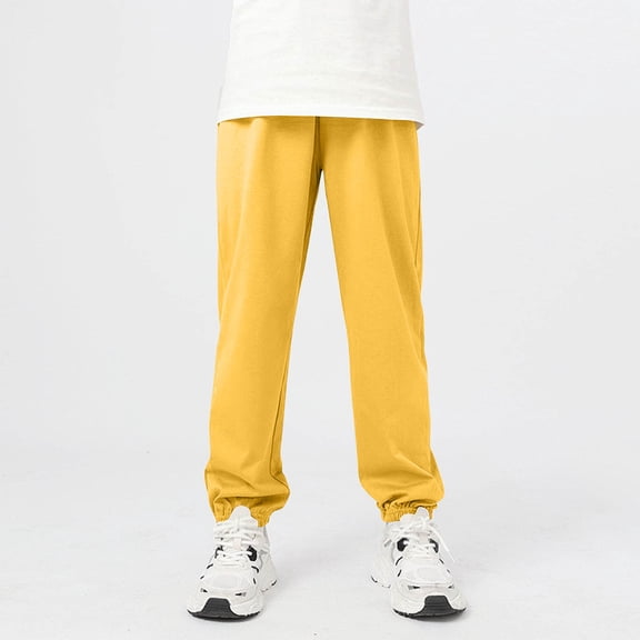 Kids Spring Summer Pants Elastic Waist Solid Color Jogger Pant Lightweight Casual Loose Sporty Trousers (12-13Years, Yellow)