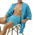 thumbnail image 2 of Fancy Men Hooded Loose Satin Silk Bathrobe Pajamas Sleepwear Gown Bath Robe Nightwear Blue XL, 2 of 11