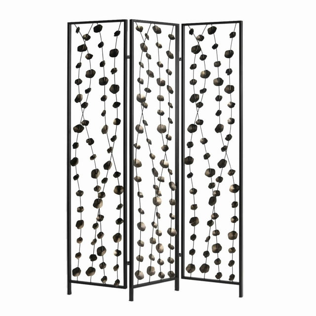 Écran Métallique à 3 Panneaux avec Motif de Fleurs Complexes, Noir