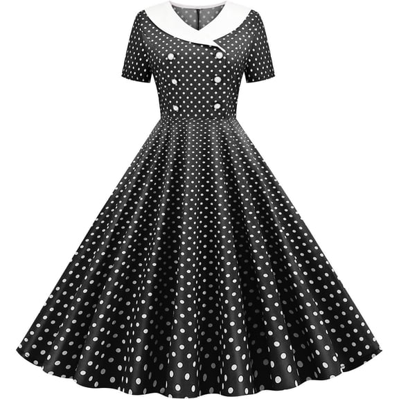 DHFJKG Wedding Guest Dresses For Women 90S Retro Polka Dot Flowy Swing A-Line Midi Dress Casual Summer Short Sleeve Peter Pan Collar Soft Dresses