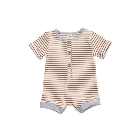 

Qmyliery Newborn Baby Knitted Romper Short Sleeve O-neck Button Up Jumpsuit for Summer 0-18 Month