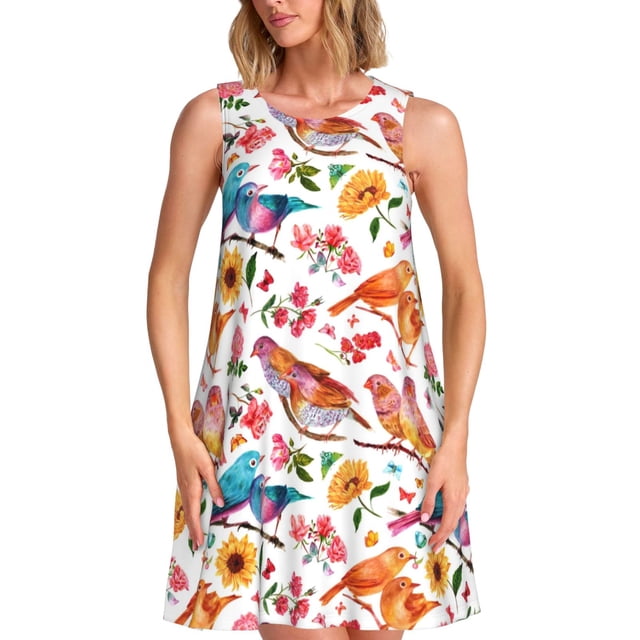 Fotbe Flowers Birds And Butterflies Vestido de Verano sin Mangas para Mujer – Vestido Midi Línea A, Estilo Camiseta Floral, Vestido Playero Casual y Fluido