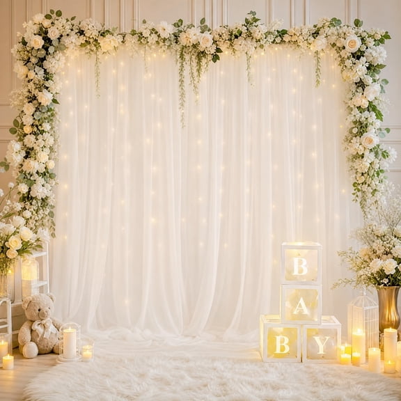 2 Panels White Sheer Backdrop Curtains for Rod, 5.2×9.8ft Tulle Drapes for Party Decoration, Wedding Backdrop Panels, Photography Background, for Wedding Baby Shower Photo Shoot Decorations