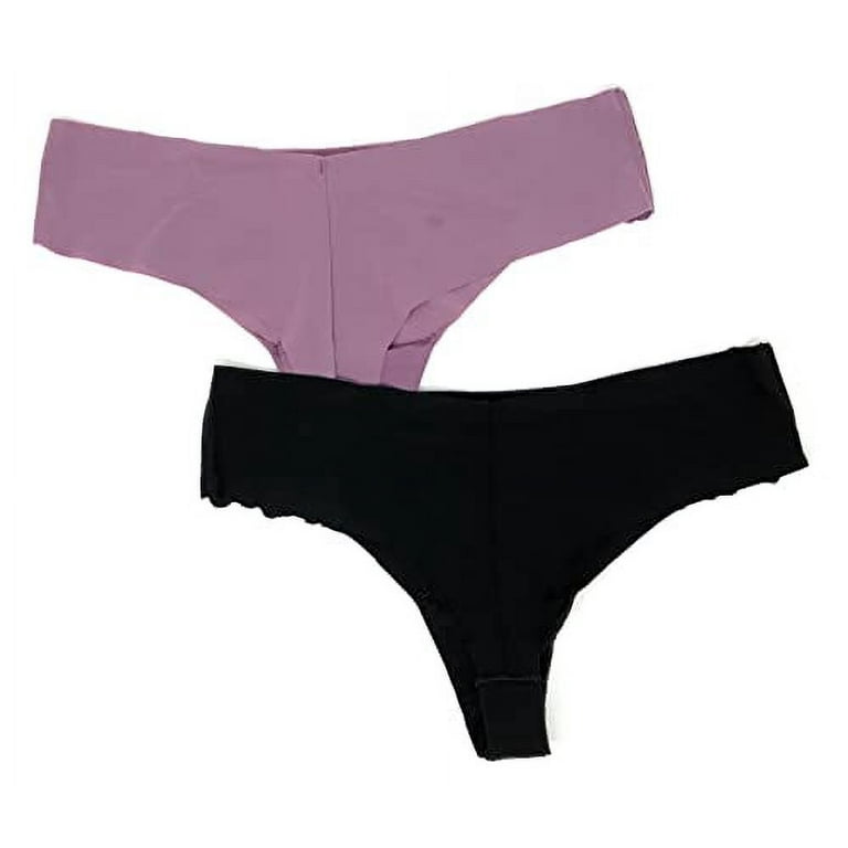 Victoria's Secret Pink No-Show Thong Panty, Lace-Trim Black/Mauve, Medium