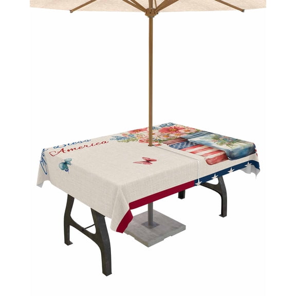 Outdoor Tablecloth with Umbrella Hole for Patio/Picnic/Party/Camping, 4th of July Waterproof Table Cloth Rectangle Table Cover Washable, Independence Day Spring Floral US Flag Rustic 60"x 102"