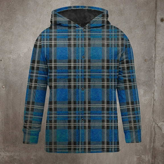 DODADAWANJ Plaid Jacket for Men with Hood Fleece Lined Fashion Shacket Shirt Jackets Button Down Big and Tall Winter Thermal Hoodie Blue XL