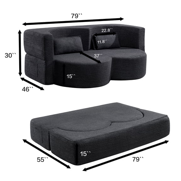 Double Size Sleeper Sofa, Folding sofa bed, floor sofa, convertible teddy bear fabric foam filled sleeper futon double sofa, suitable for living room, guest, office and apartment (black), Sofa Beds