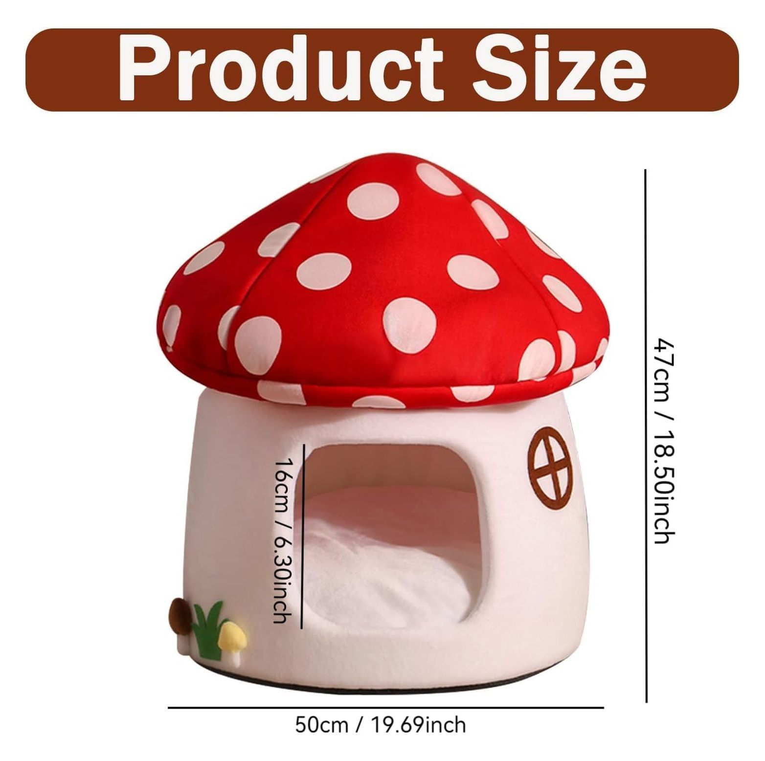 Mushroom Cat Bed for Indoor Cats & Small Dogs - Soft Plush Cave Bed with Removable Cushion, Cozy Pet Nest Tent - Red & White