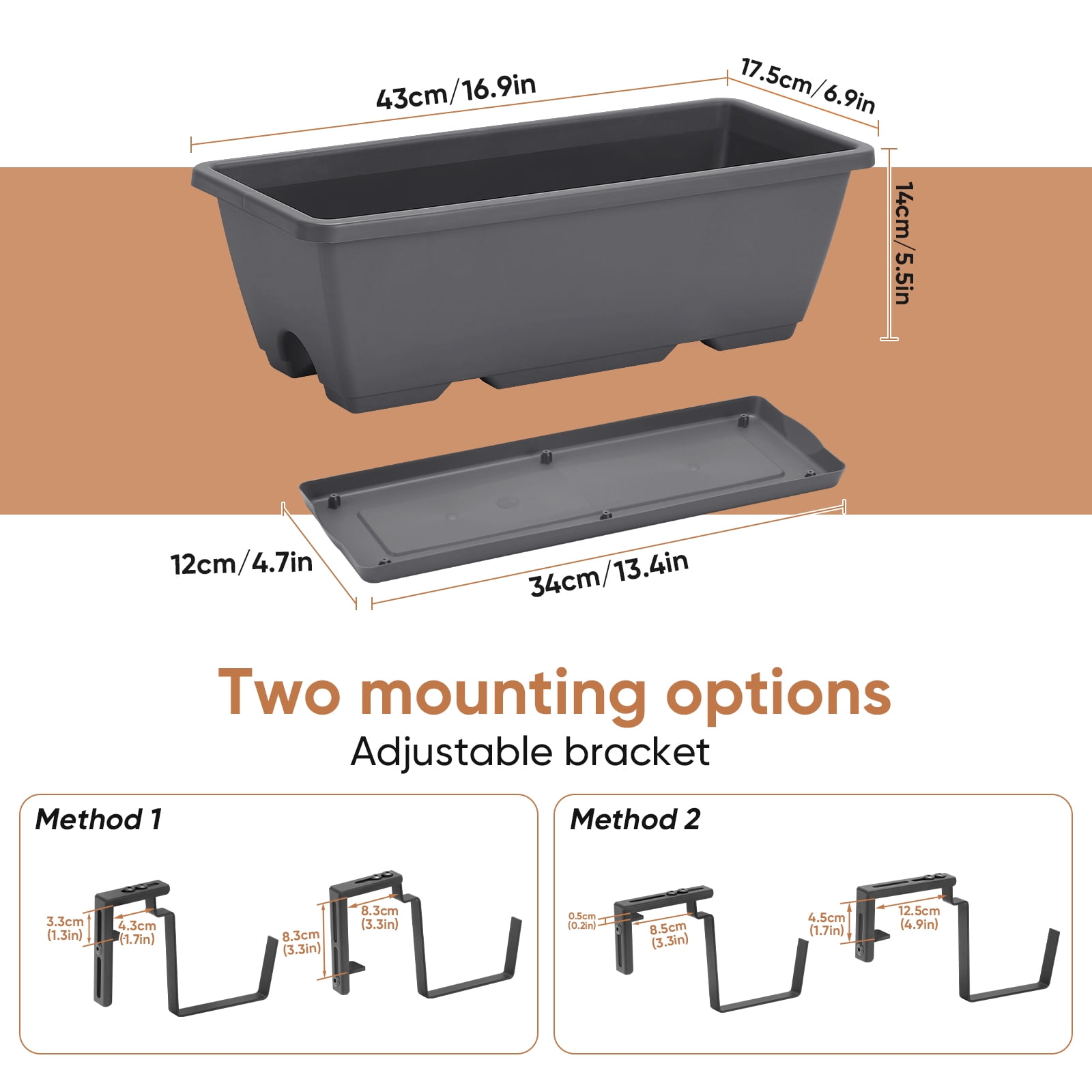 Railing Planter Box, Balcony Planters Railing Hanging, Window Boxes Planter with Adjustable Brackets, 16.9 Inches Deck Railing Hanging Flower Boxes, for Outdoor Railngs Balcony Patio