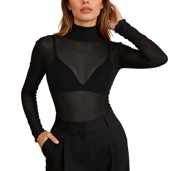 Fshinging Women Sheer Long Sleeve Turtleneck Shirts Solid Elegant Mesh Tight Tops Black L