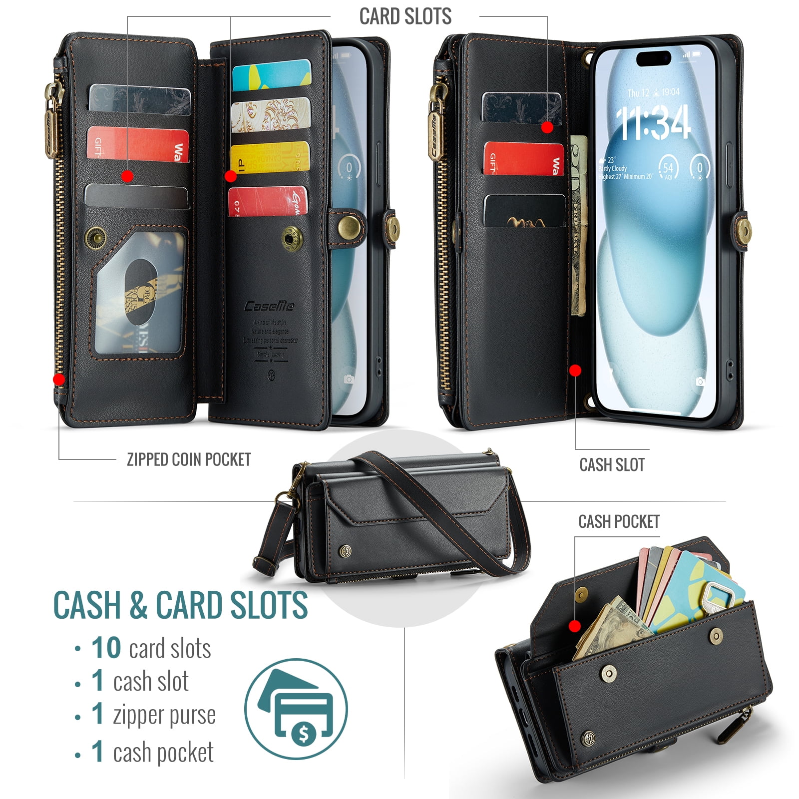 for iPhone 13 Full Body Protection Wallet Folio Flip Case, Shoulder Strap & Wristlet Card Slots Zipper Pocket RFID Blocking Rugged Durable PU Leather Phone Case Cover, Black