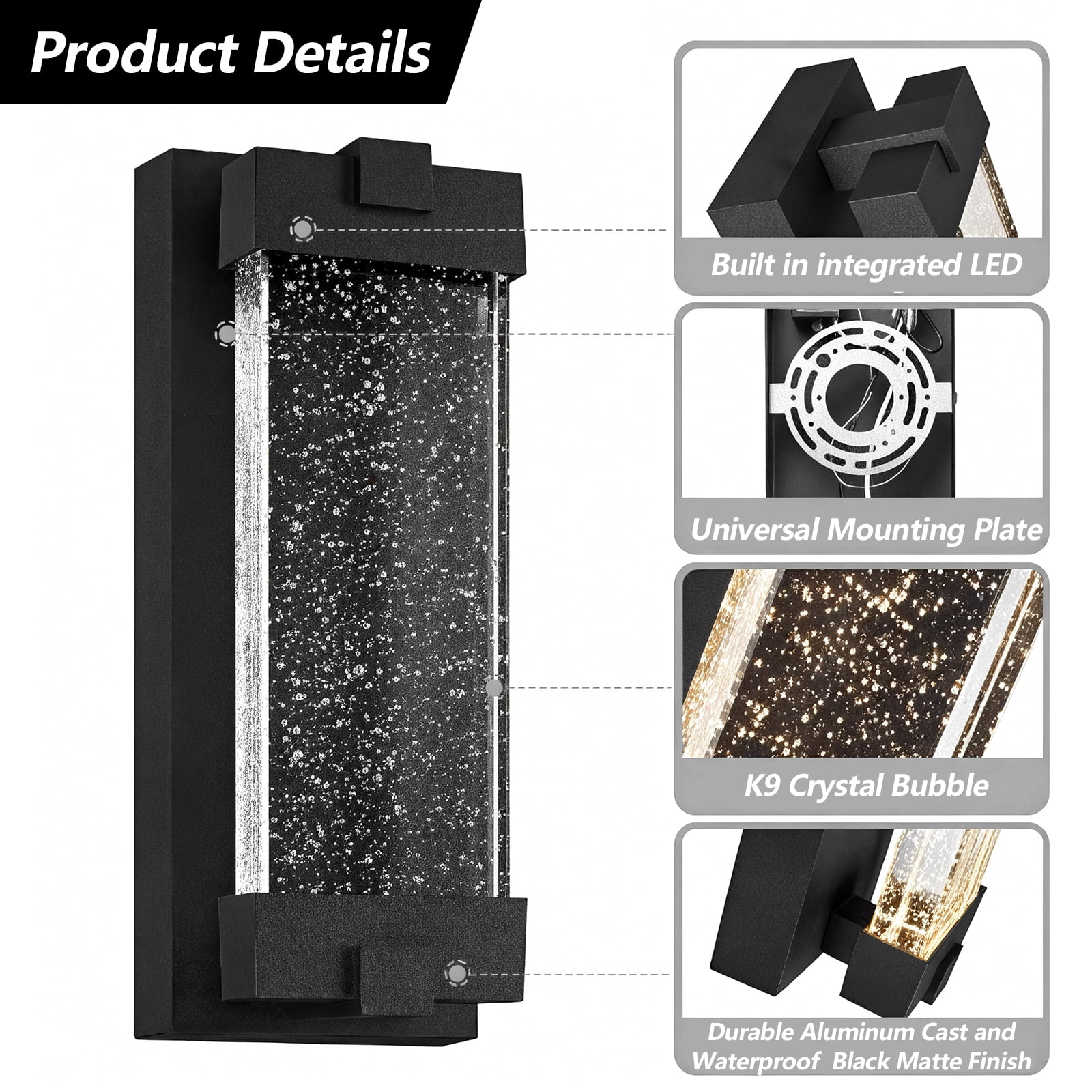 GEYANG Black Wall Sconce with K9 Crystal Bubble and Dusk to Dawn Sensor, Exterior LED Wall Mounted Light, Modern Porch Lantern, Light Fixture for Indoor and Outdoor
