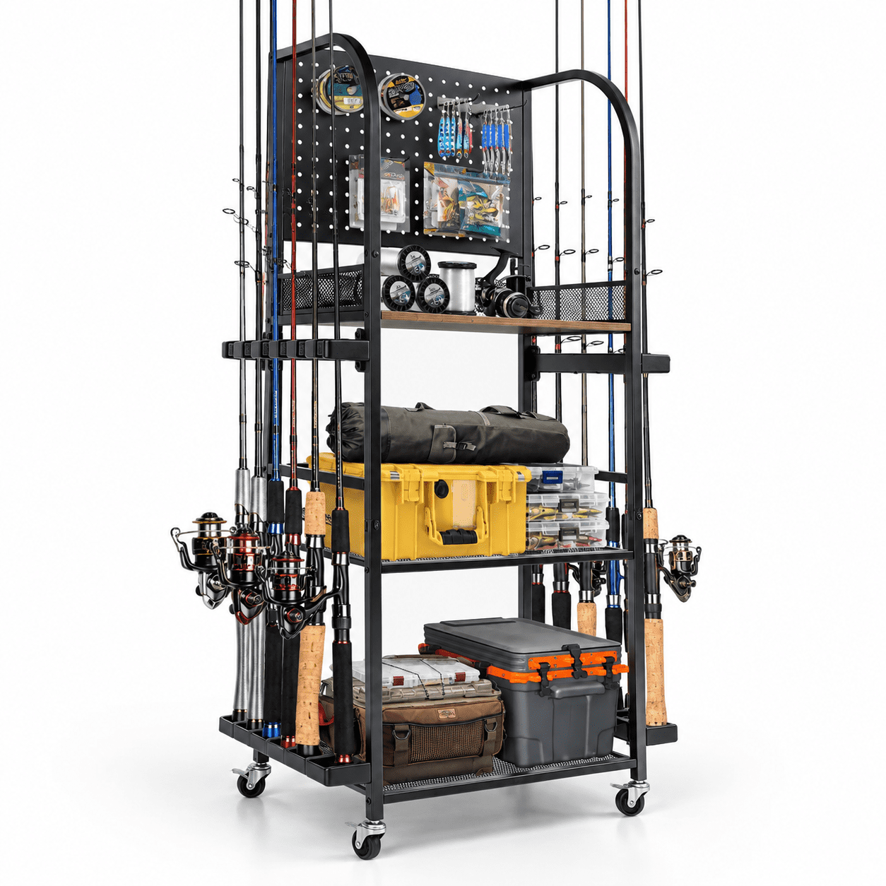 12-Rod Rolling Fishing Rod Rack Gear Storage Organizer with Pegboard Hooks