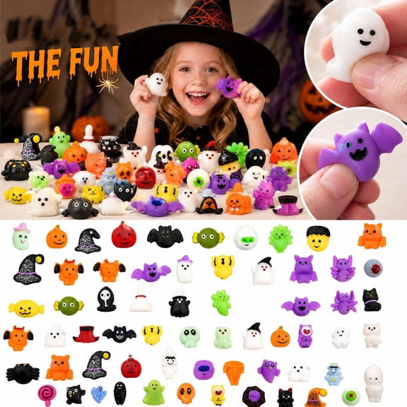 50 Pcs Halloween Mochi Squishy Toys for Kids Gift, Halloween Kawaii Sensory Stress Relief Toys for Halloween Party Favors Decor, Trick or Treats Classroom Prizes Goodie Bag Fillers