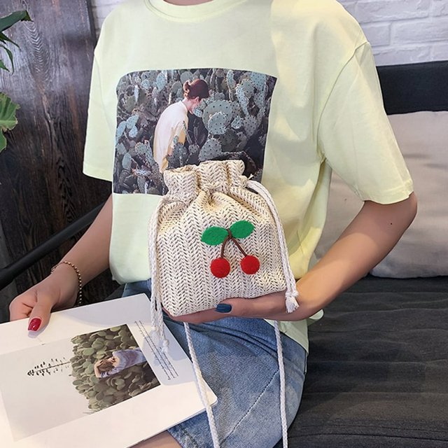 Woven Drawstring Crossbody Bucket Bag Female Pure Braided Messenger Purse Bag