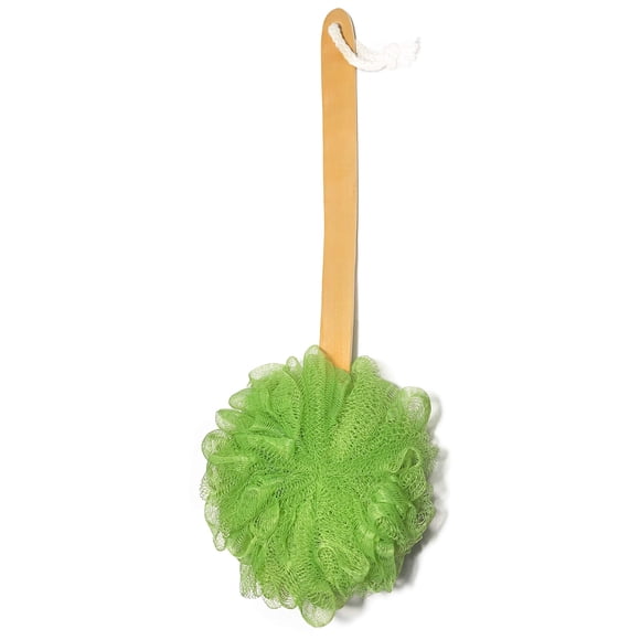 Cepillo exfoliante para espalda de baño de lufa luffa en un palo, mango largo de madera con radián ergonómico para hombres y mujeres, esponja de ducha para el cuerpo, paquete de 1
