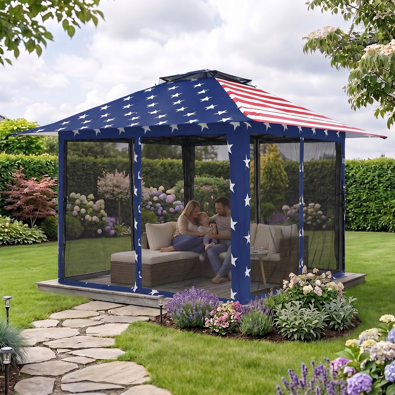 EAGLE PEAK 13 x 13 ft Pop-Up Gazebo Tent Instant w/ Mosquito Netting，Outdoor Gazebo Canopy Easy Set-up Folding Shelter (American Flag)