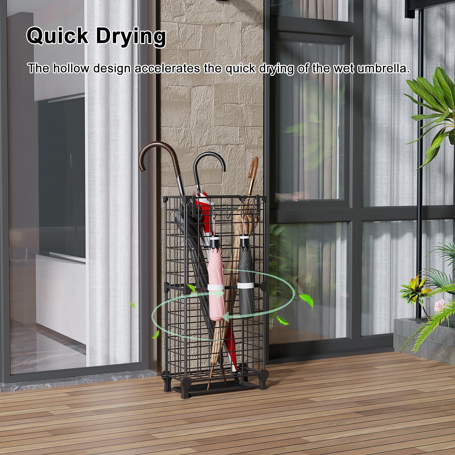 Umbrella Holder Entryway  Stand Freestanding Metal Square Rack Organizer With A Removable Drip Tray Hooks Black