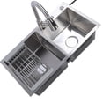 thumbnail image 3 of Kit de fregadero de cocina empotrado de acero inoxidable 304, grifo extraíble, fregadero de doble seno de 3 orificios con cesto de drenaje, dispensador de jabón, 3 of 15