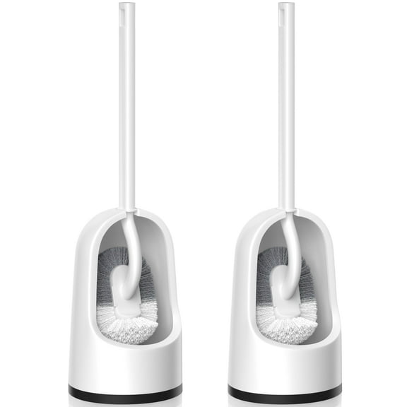 Toilet Brush and Holder Set 2 Pack, Durable Curved Bristles Scrubber for Deep Cleaning, Extra Long Handle Toilet Bowl Brush with Caddy, White